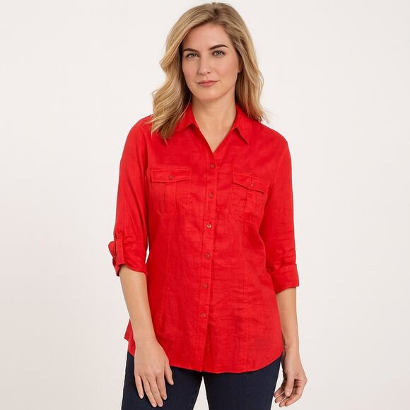 Chico's Top Linen Button Up Women's Size 3 (XL) Calypso Coral Sleeve Roll Tabs - Picture 1 of 7